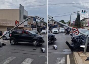 Acidente derruba semáforo e interdita trecho da Avenida Campos Sales, em Americana